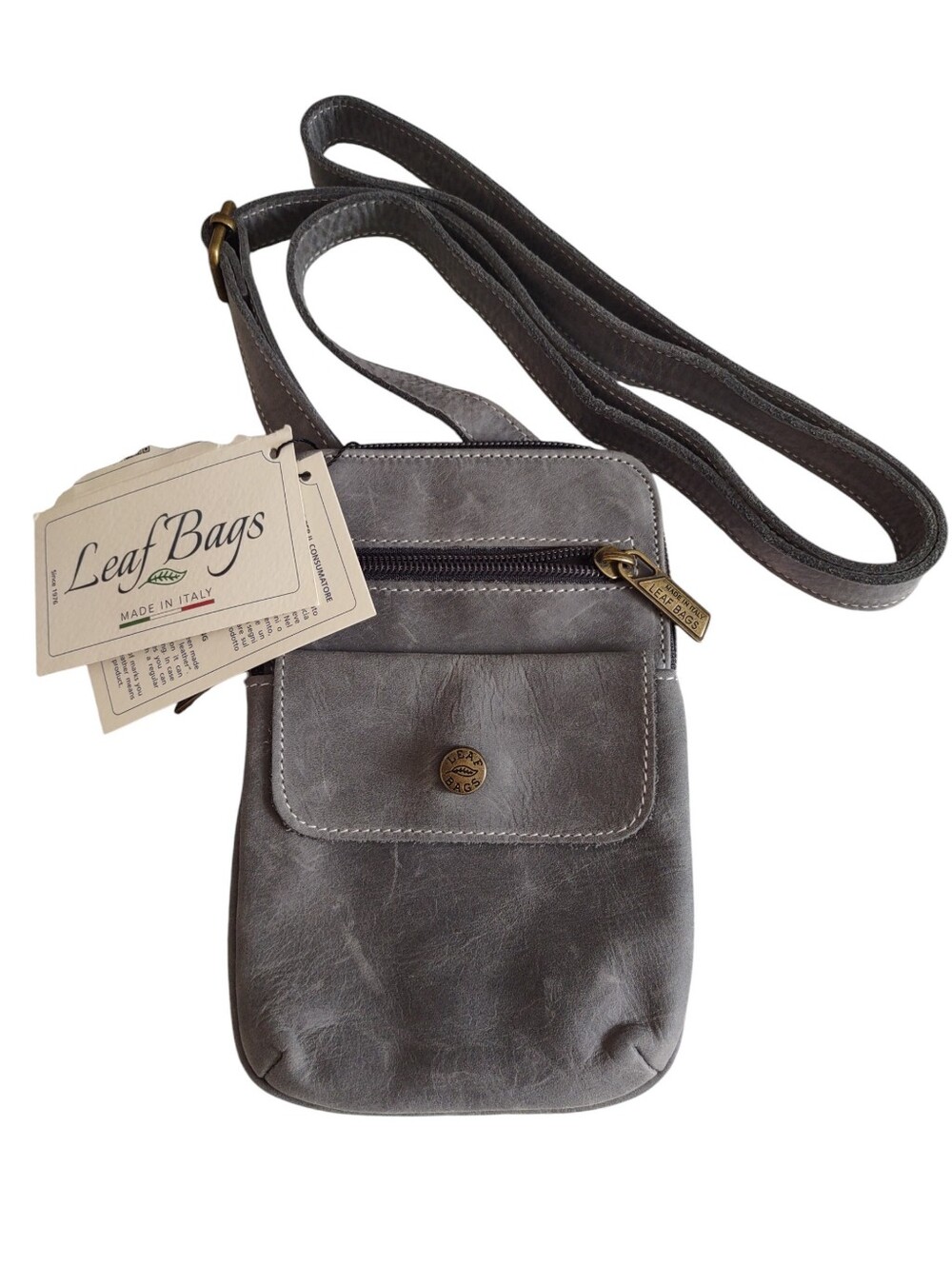 Leaf Bags Italy Small Grey Leather Crossbody Bag